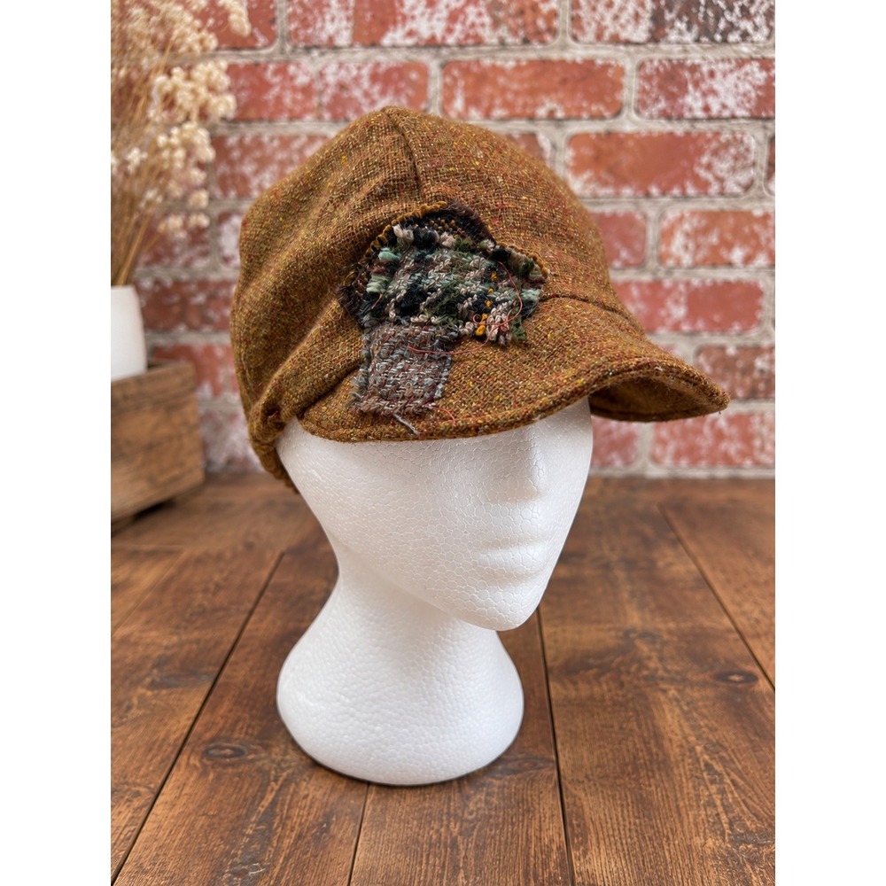 VTG Y2K Brown Tweed Newsboy Cap Baker Boy Hat 2000s Autumn Fall Cottagecore Boho